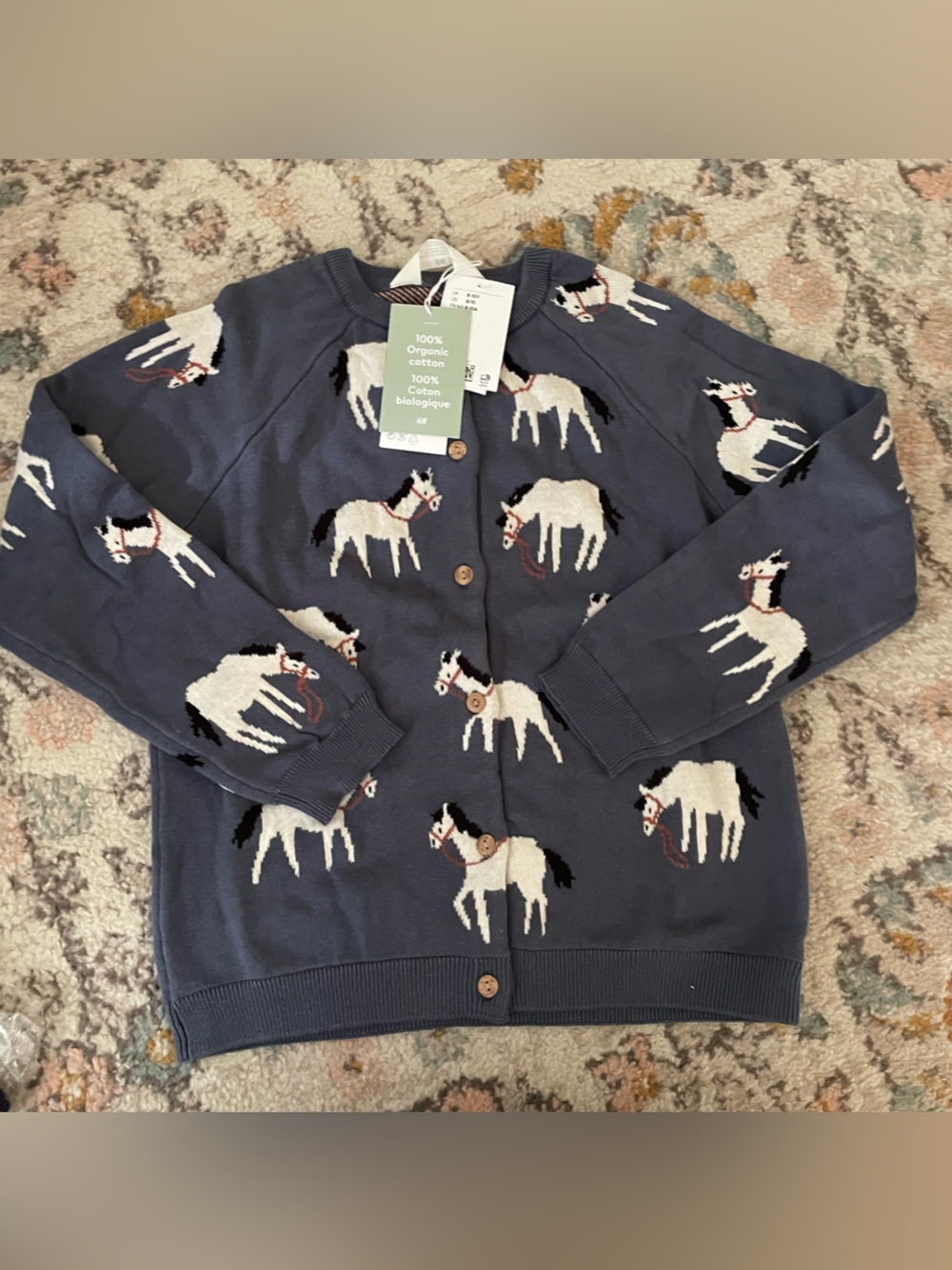 NWT H&M Navy Blue Cardigan with White Horse Motif